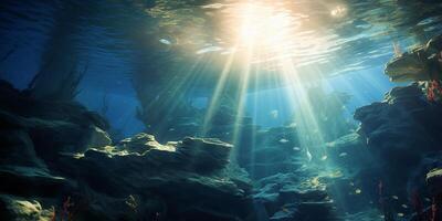 AI generated The sun's rays make their way to the seabed. Photorealistic image of the underwater world photo