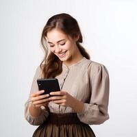 AI generated Grandfather smiling with a phone in his hands on a white background. Pleasant online conversation photo