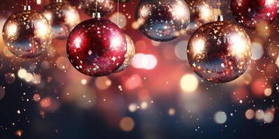 AI generated shiny Christmas balls, Christmas tree decorations on a background of fireworks. festive background for Christmas, New Year. photo