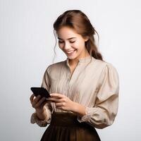 AI generated Grandfather smiling with a phone in his hands on a white background. Pleasant online conversation photo