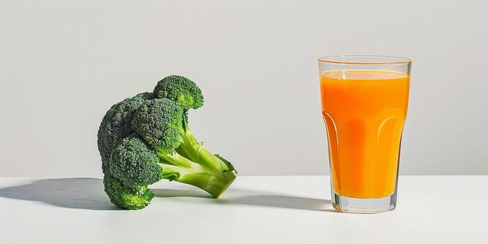 AI generated A glass of freshly squeezed carrot juice and broccoli. Healthy eating photo