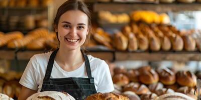 AI generated A joyful and smiling young woman runs a bakery. photo