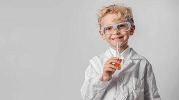 ai generado pequeño chico en lentes participación un prueba tubo en su mano aislado en un blanco antecedentes foto