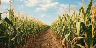 AI generated Photorealistic image of a corn field. Corn on the plantation. photo