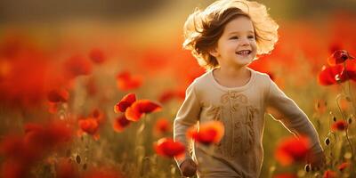 AI generated A happy child runs and has fun in a poppy field. Happy child playing in a meadow of blooming red poppies. photo