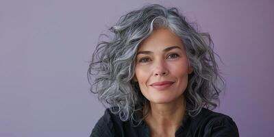 ai generado retrato de un hermosa de edad mediana mujer, 50 años viejo, con gris cabello. foto