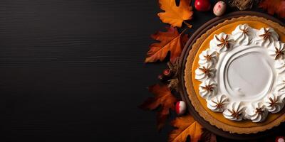 AI generated Traditional Thanksgiving pie on a wooden table with apples and fallen withered leaves close-up. photo