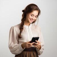 ai generado abuelo sonriente con un teléfono en su manos en un blanco antecedentes. agradable en línea conversacion foto