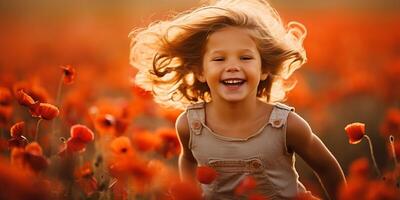 ai generado un contento niño carreras y tiene divertido en un amapola campo. contento niño jugando en un prado de floreciente rojo amapolas foto