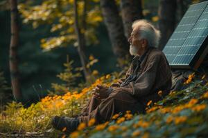 ai generado retrato de un mayor hombre en el jardín de un casa cubierto con solar paneles foto