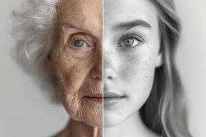 AI generated The face of a young girl and an elderly woman with wrinkles. The concept of aging and skin care photo