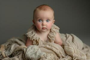 AI generated Cute little girl in handmade knitted clothes posing in front of the camera photo