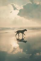 ai generado un contento perro es jugando y corriendo al aire libre en el playa y disfrutando naturaleza foto