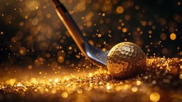 ai generado golpear un dorado golf pelota acostado en el césped a puesta de sol con un club es el último victoria de golf foto