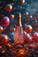 ai generado un botella de champán con un vacío etiqueta, en un festivo antecedentes con globos foto