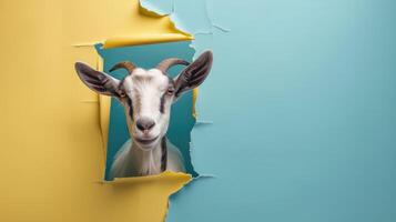 AI generated A humorous goat peers through a ripped hole in a contrast pastel color paper background, Ai Generated photo