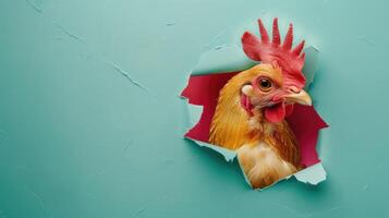 AI generated A humorous chicken peers through a ripped hole in a contrast pastel color paper background, Ai Generated photo