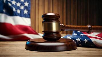 AI generated Wooden gavel and usa flag on wooden table. Law concept video