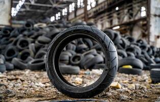 Dirty old tire is on the ground standing next to the other used tyres in the damaged plant. Rubber junk from the car. Close-up photo