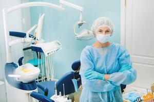 a female dentist wearing a medical mask and rubber gloves poses for the camera and folds her arms in her office photo