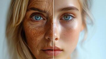 AI generated The face of a young girl and an elderly woman with wrinkles. The concept of aging and skin care photo