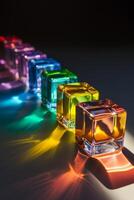 AI generated Glass multi-colored cubes arranged in a line on a black background photo