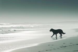 ai generado un contento perro es jugando y corriendo al aire libre en el playa y disfrutando naturaleza foto