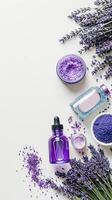 AI generated Natural organic cosmetics with lavender extract on white background flat lay top view. photo