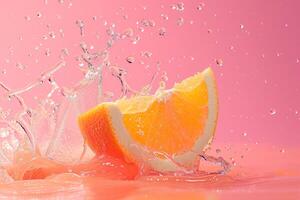 ai generado Fresco rebanada naranja que cae en agua. rosado antecedentes foto