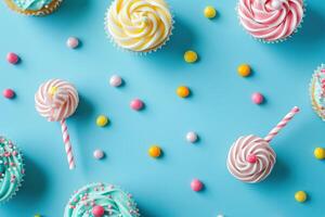 AI generated Sweets, flat lay, sweet food - lollipops, desserts on a blue background. photo