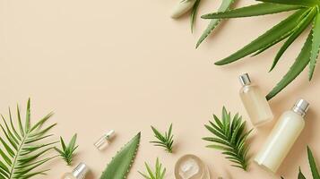 AI generated Flat lay composition with aloe vera and cosmetic products photo