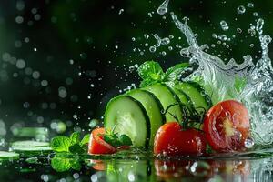 AI generated Powerful liquid explosion, slised cucumber and tomatos, green Background photo