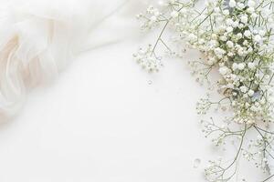 AI generated Wedding desktop mockup with white flowers on white background. Empty space. photo