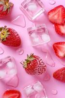 AI generated Ice cubes with strawberry on pink background photo