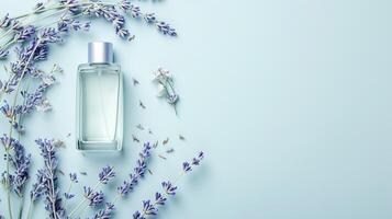 AI generated Minimalist mock-up of banner with lavender flowers and lavender extract photo