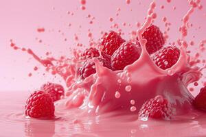 AI generated Powerful liquid explosion, raspberries, pink Background photo