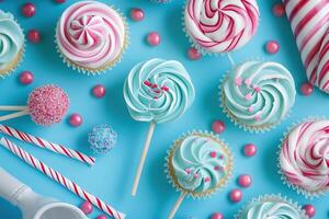 AI generated Blue table top on blue background with decorated lollipops and cupcakes photo