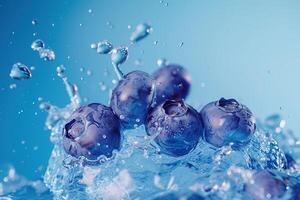 AI generated Powerful liquid explosion, blueberries, blue Background photo