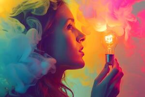 AI generated A woman with colorful smoke around her head, holding a light bulb. photo