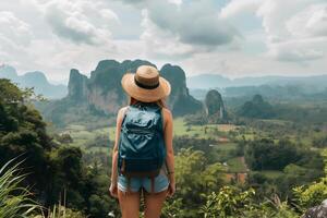 ai generado turistas excursionismo en el montañas rodeado por naturaleza. claro cielo y maravilloso paisajes foto