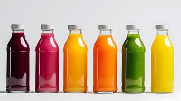 AI generated Six glass bottles in a row filled with colorful fruit juices on a white background. photo