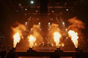 AI generated A stage with a band, smoke, and fire effects. photo
