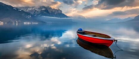 ai generado un sereno escena de un barco pacíficamente deslizamiento a través de un calma lago. foto