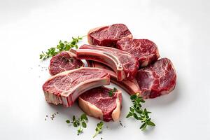 AI generated a pile of raw lamb chops on a white surface. The chops are arranged in a way that forms a circle. photo