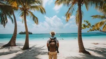 AI generated Palm trees sway on a tropical beach, casting shade on sunbathers enjoying the paradise coast photo