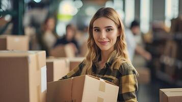 AI generated A woman is holding a box and smiling at the camera. She has blonde hair and is wearing a plaid shirt. There are boxes all around her. photo