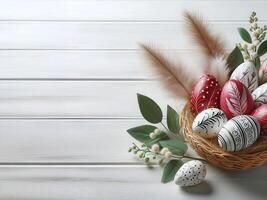 AI generated Colorful Easter eggs in the nest on white wooden background, Easter card concept photo