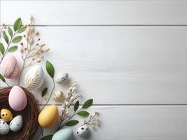 AI generated Colorful Easter eggs in the nest on white wooden background, Easter card concept photo