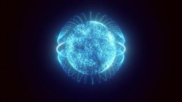 blu energia Magia cerchio sfera palla di futuristico onde e Linee di particelle di atomo energia e elettricità. astratto sfondo. video nel alto qualità 4k, movimento design