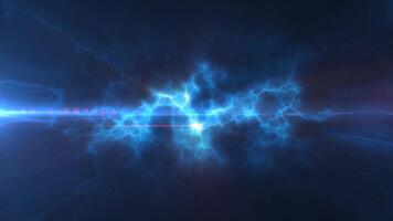 Blau Energie glühend Magie Wellen und elektrisch Blitz Gebühren Hightech Digital irisierend Flüssigkeit Plasma mit Licht Strahlen Linien und Energie Partikel. abstrakt Hintergrund. Video im hoch Qualität 4k
